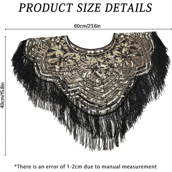 Women's Black Gold 1920s Shawl Sequin Beaded Art Evening Cape Tassel Shawls - Picture 6 of 6